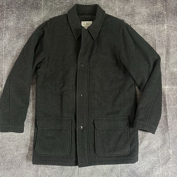 Men's L.L Bean Black Wool Peacoat Button Up Duster Driver Coat Parka Jacket Sz L